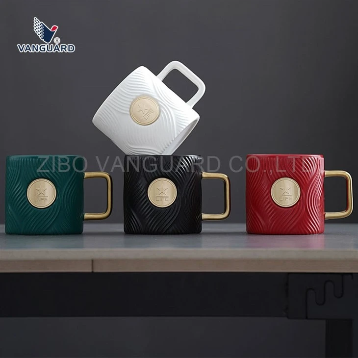 Embossed Ceramic Coffee Mugs with Copper Plate