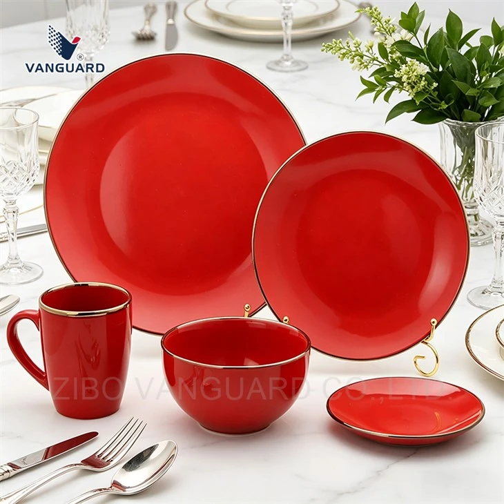 Red Ceramic Plates And Bowls Set