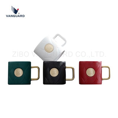 Embossed Ceramic Coffee Mugs with Copper Plate